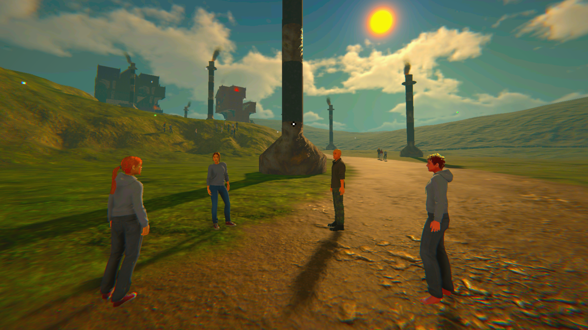 Four characters in a group conversation, standing in front of mountainous terrain with tall columns